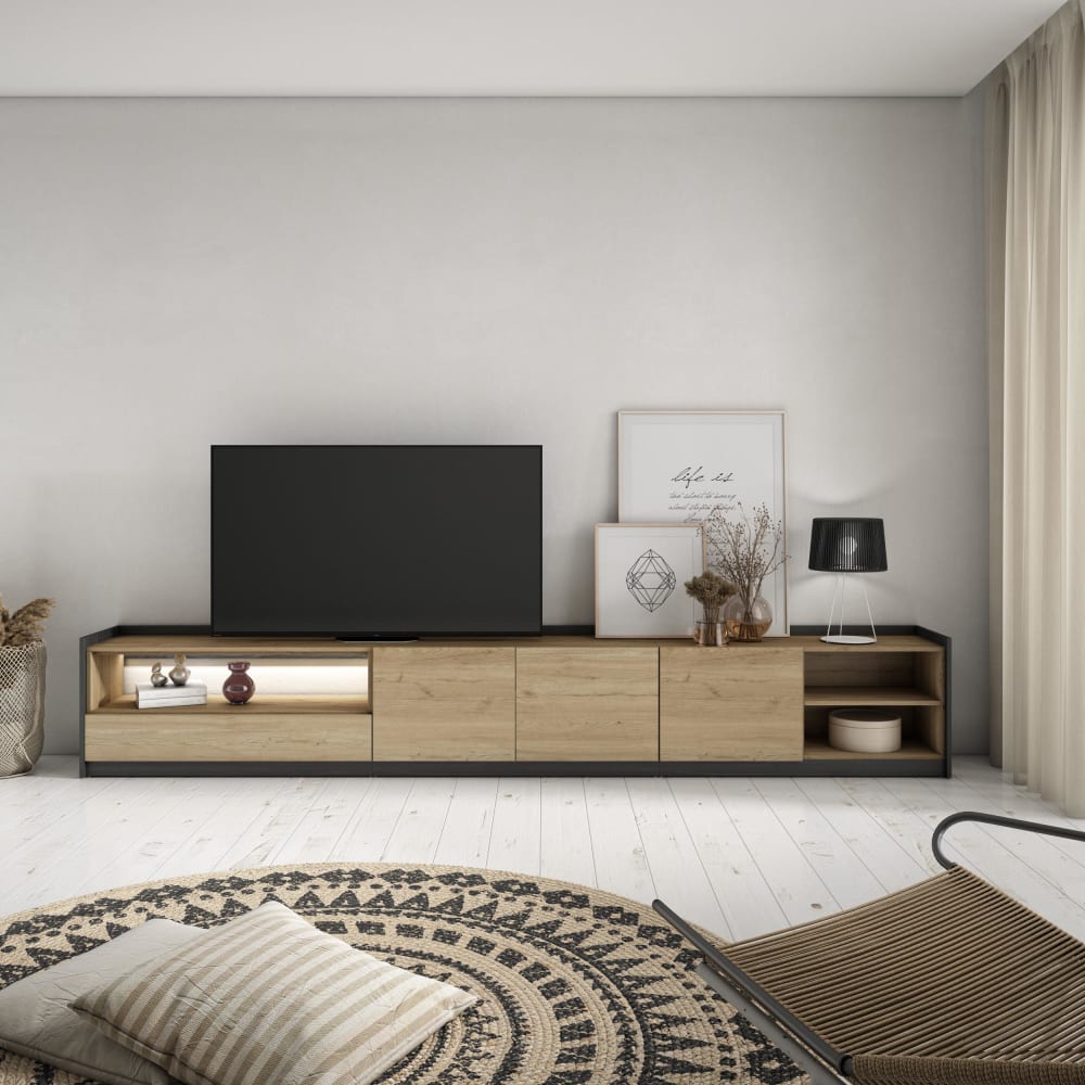 Skraut home TV-Möbel Holzeffekt eiche und schwarz 310x37x50cm mit Led style modern Beige Spanplatte