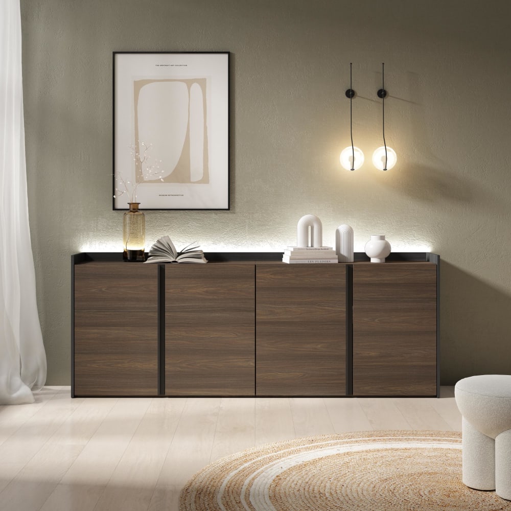Skraut home Sideboard Holzeffekt dunkler eiche und schwarz 207x35x80cm mit Led style modern Braun Spanplatte