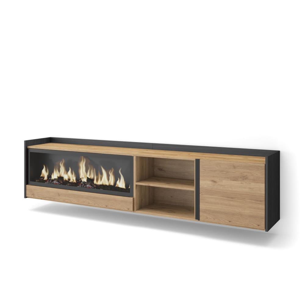 Meuble tv effet bois de chêne et noir 212x35x50cm cheminée effet feu