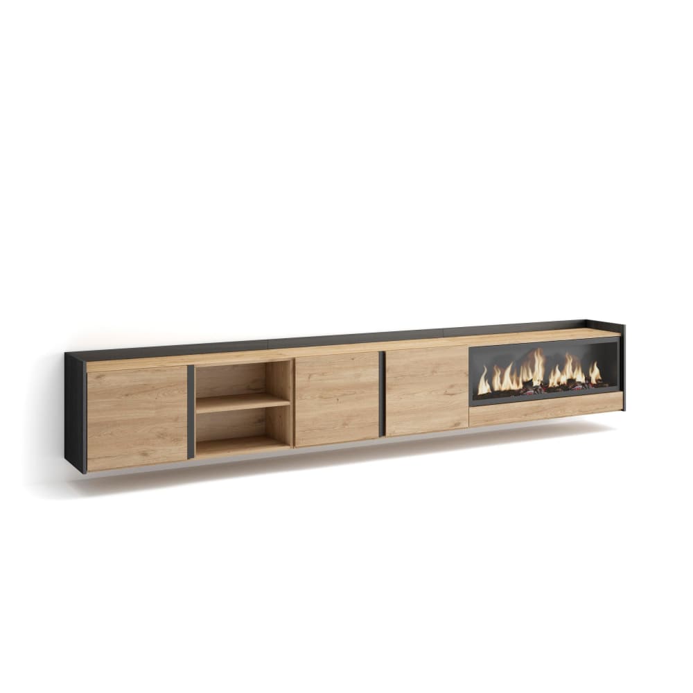 Meuble tv effet bois de chêne et noir 315x35x50cm cheminée effet feu