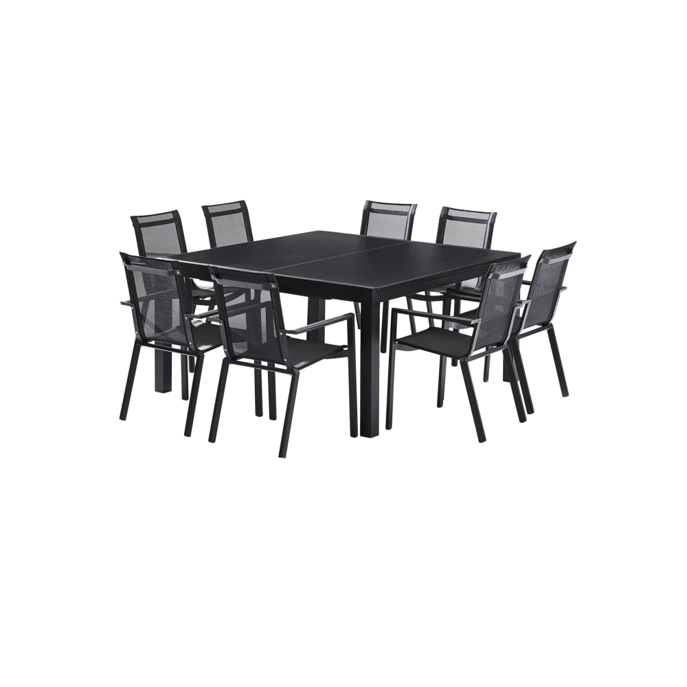 Ensemble de jardin en aluminium et plateau en verre noir 150x150x76 cm Ensemble de jardin en aluminium et plateau en verre noir 150x150x76 cm