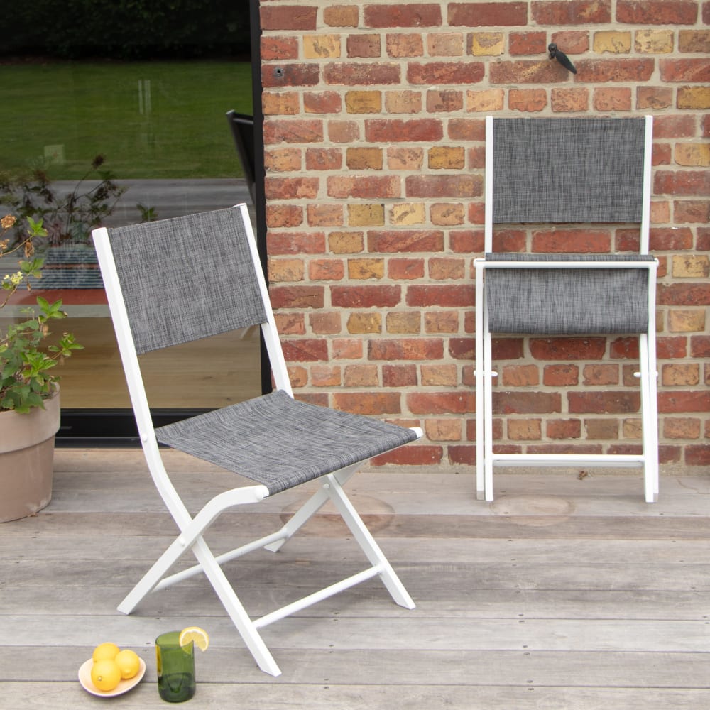 Chaise de jardin en aluminium blanc et assise gris pliante 49x56x88cm