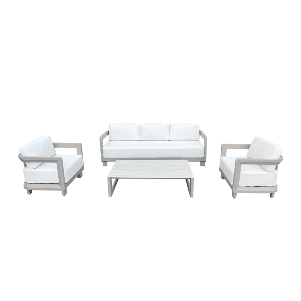 Salon de jardin en aluminium taupe et plateau en pierre 212x76x76 cm