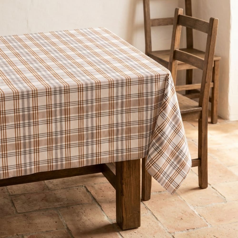 Gamusi Karierte abwaschbare Tischdecke, Camel 140x300 cm style landhaus Braun Öko-Tex Zertifikat Baumwolle