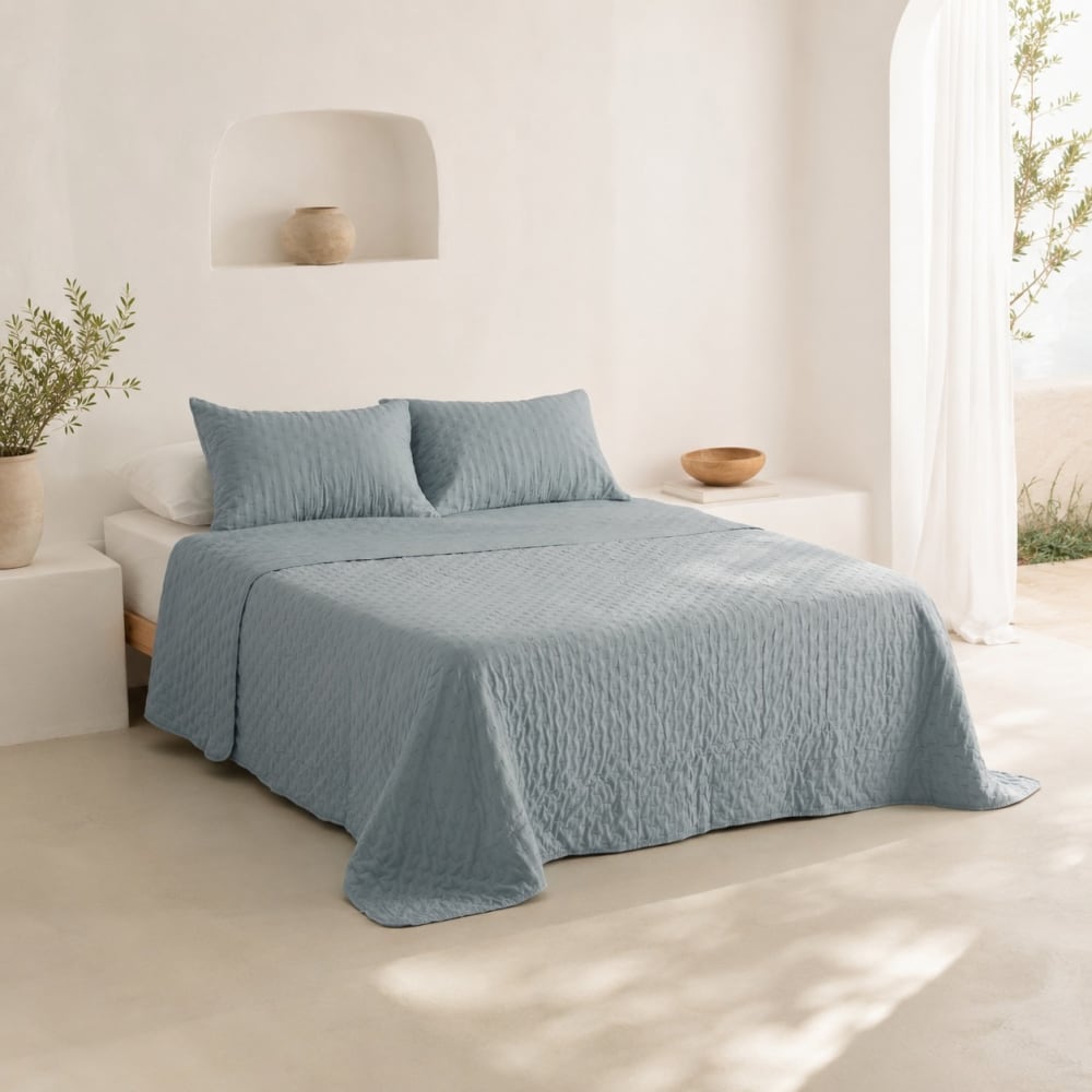 Couvre lit boutis bleu 250x270 + 2(50x70) cm
