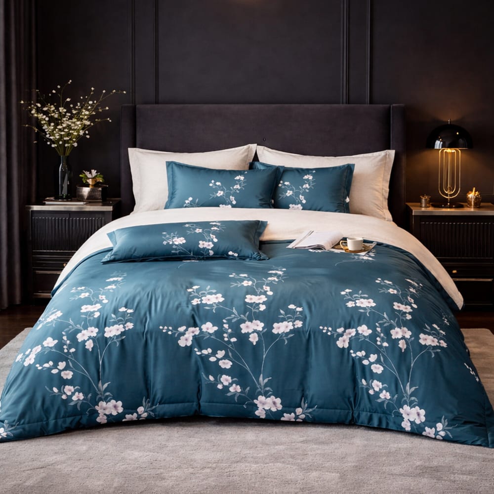 Parure housse de couette en coton imprimé floral bleu nuit 240x220 cm