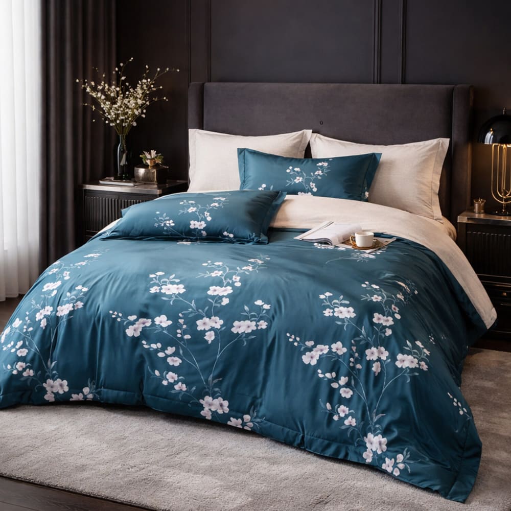 Parure housse de couette en coton imprimé floral bleu nuit 240x220 cm — vue 3