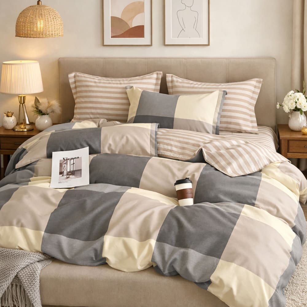Parure de lit percale coton carreaux beige gris 240x220 cm