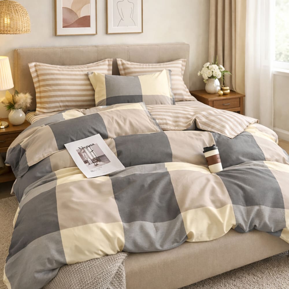 Parure de lit percale coton carreaux beige gris 240x220 cm — vue 3