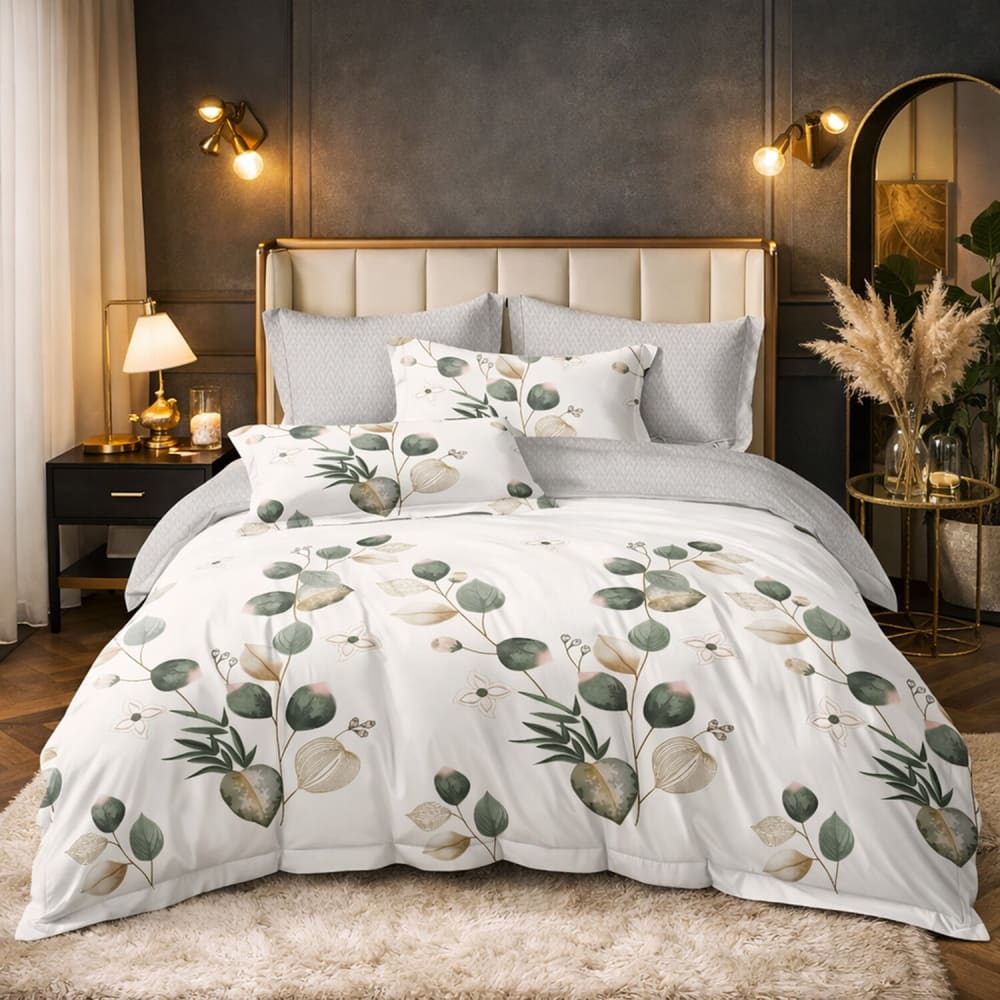 Parure housse de couette en coton imprimé botanique vert 240x220 cm