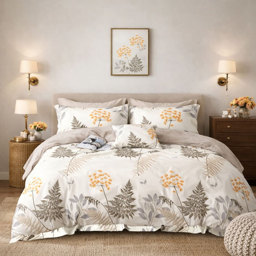 Parure de lit percale coton botanique beige orange 240x220cm