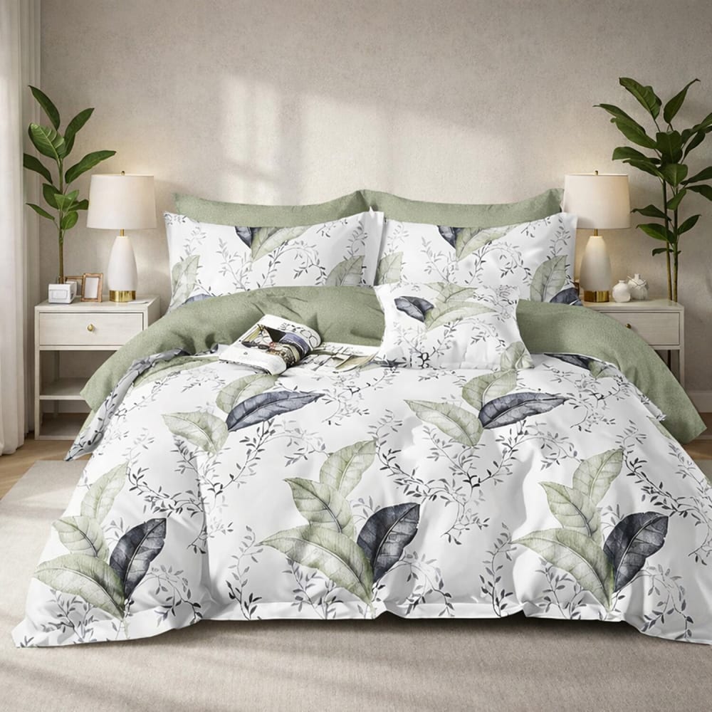Parure de lit en percale de coton imprimé feuillage vert 240x220 cm