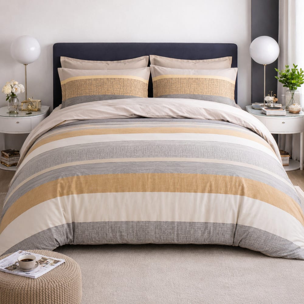 Parure de lit percale de coton imprimé rayures gris beige 240x220 cm