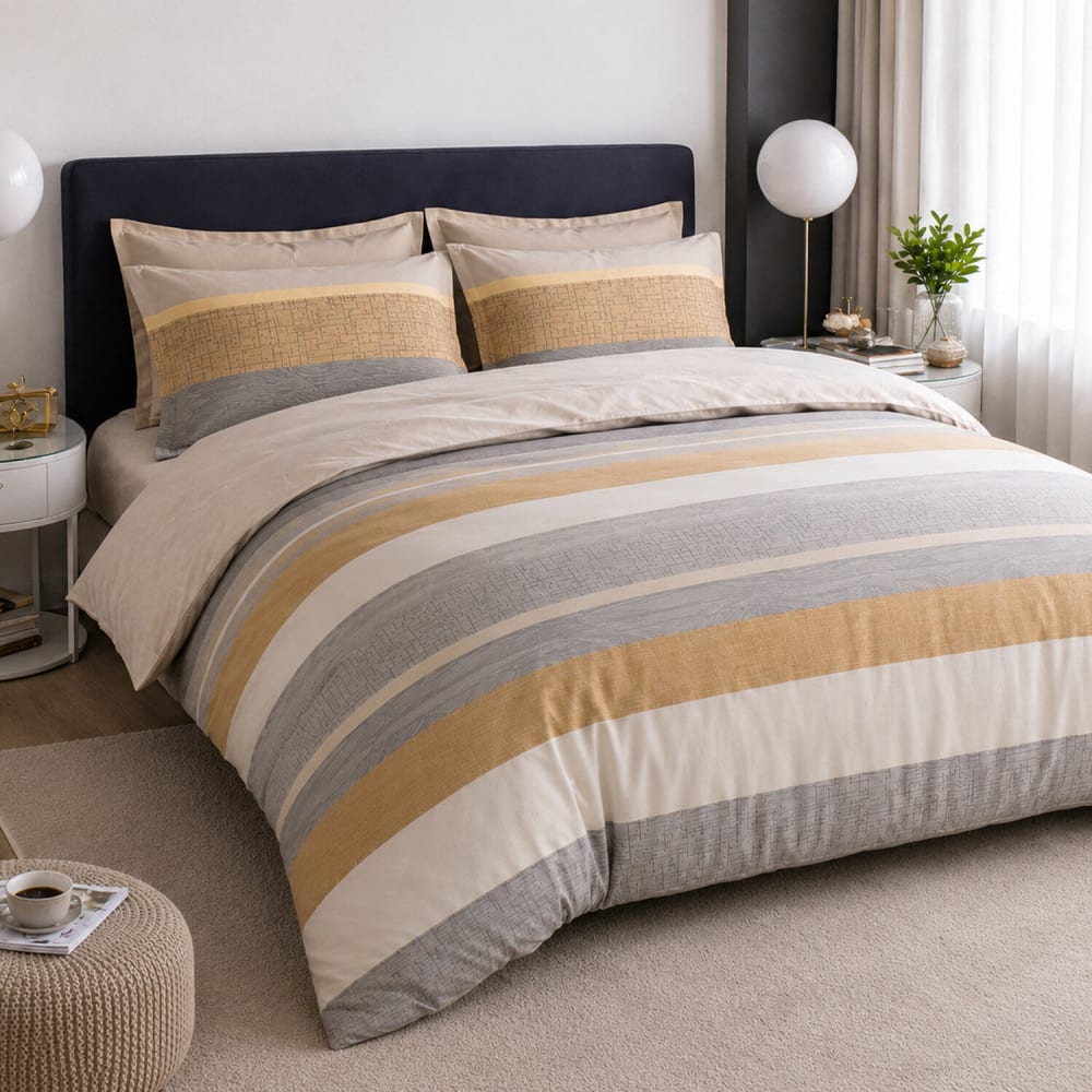 Parure de lit percale de coton imprimé rayures gris beige 240x220 cm — vue 3