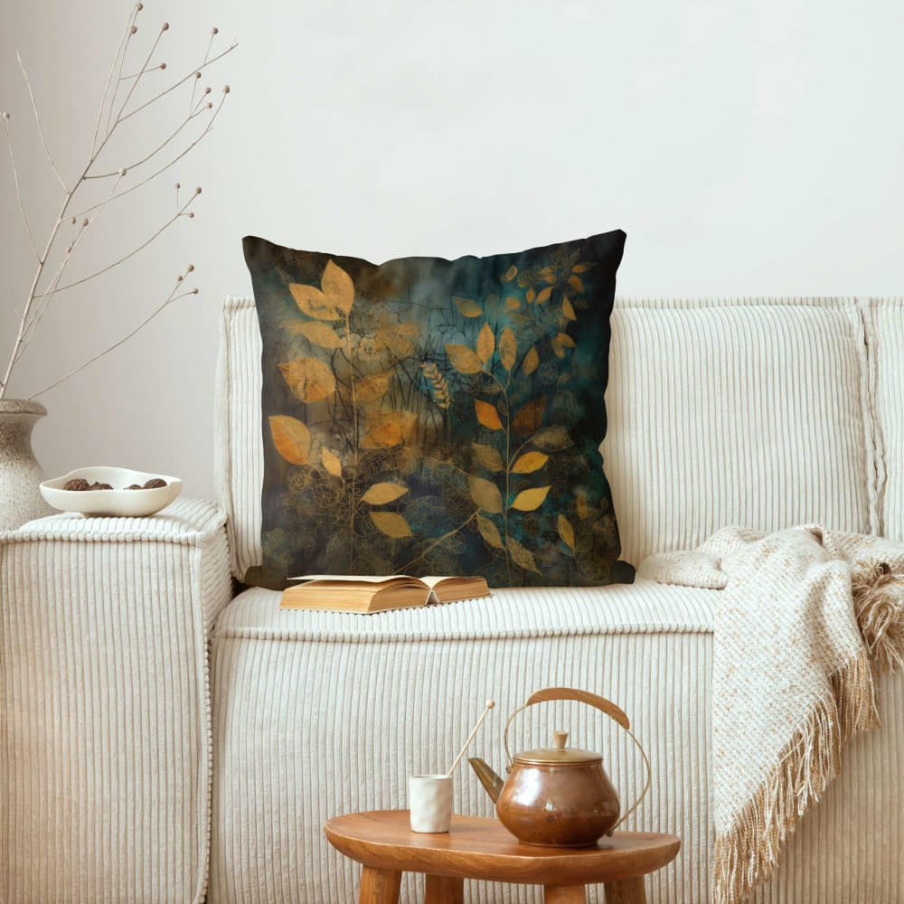 Dekokissen Goldene Blätter auf Blau aus Polyester, gold 50 x 50