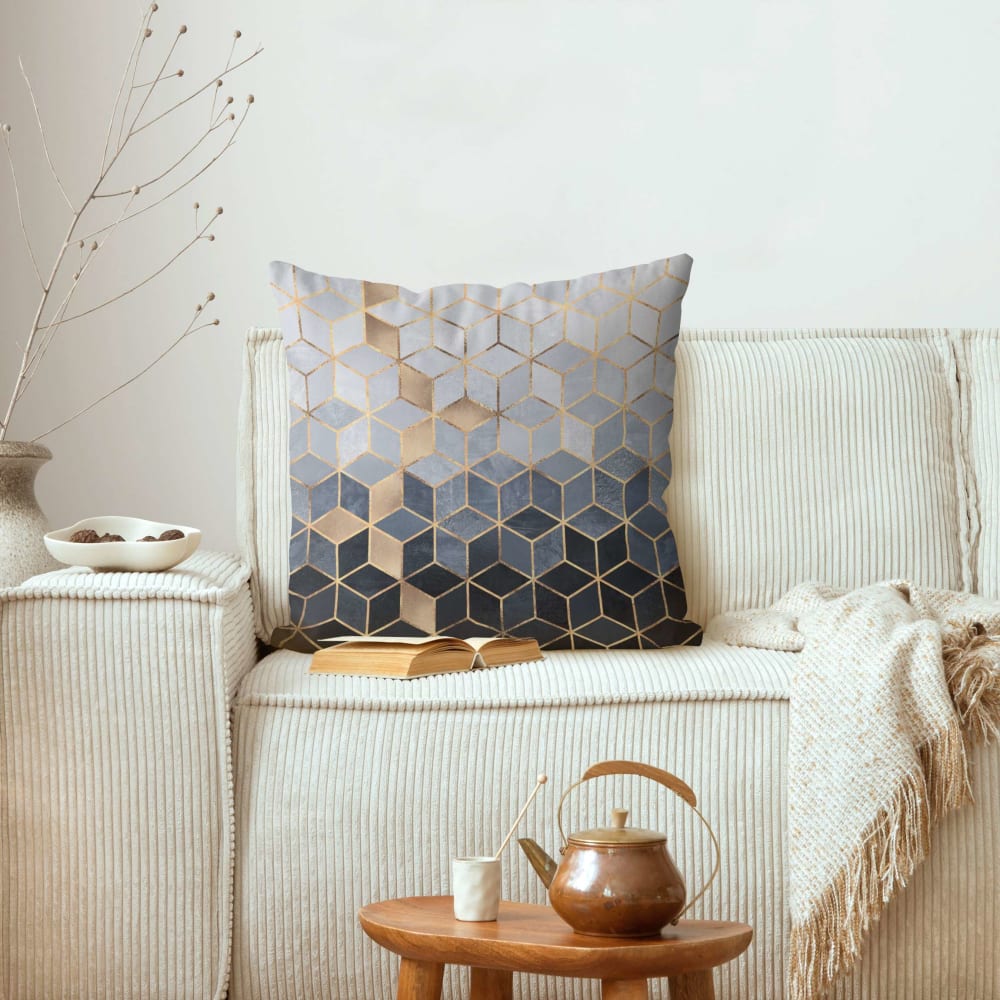 Dekokissen Blau Weiß goldene Geometrie aus Polyester, gold 50 x