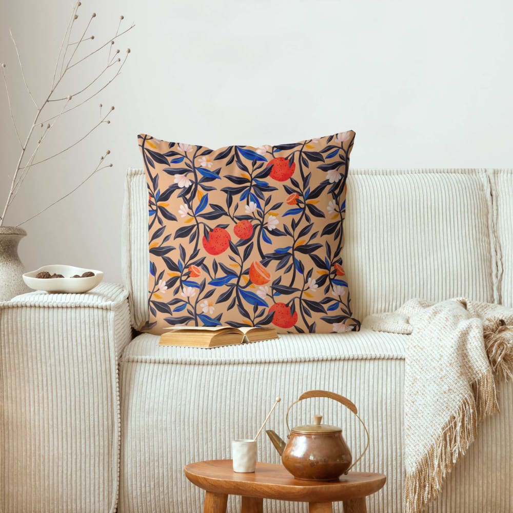 Dekokissen Orangen mit Blätterranken aus Polyester, beige 50 x 50