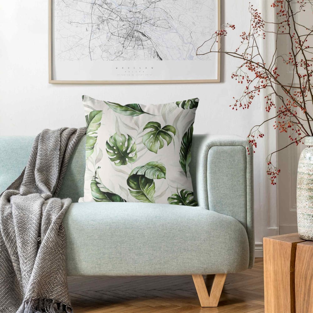 Dekokissen Monstera und Palmenblatt aus Polyester, grün 40 x 40