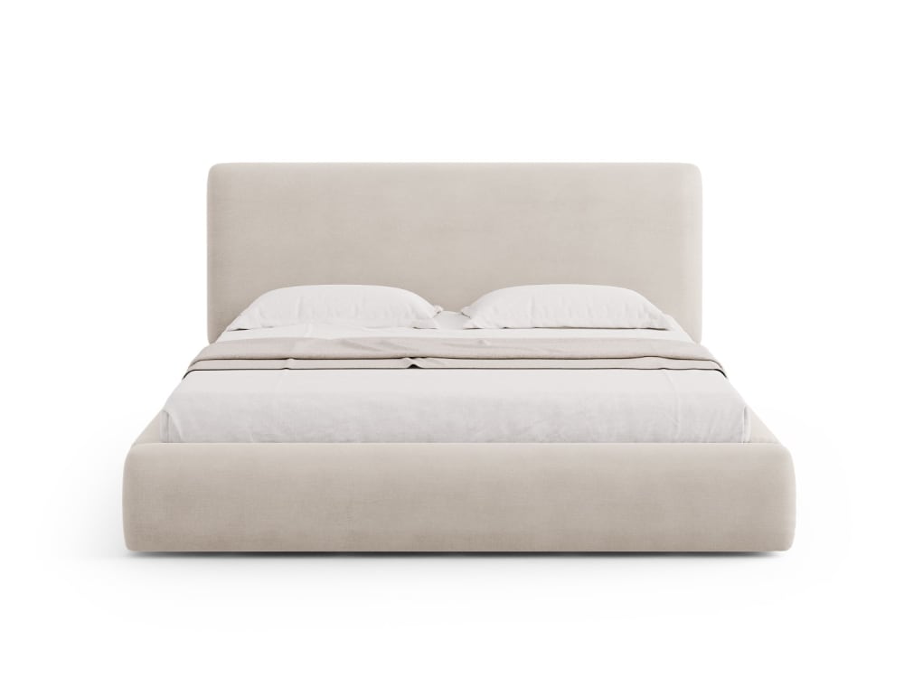 Lit coffre avec tête de lit 200x200cm en chenille beige