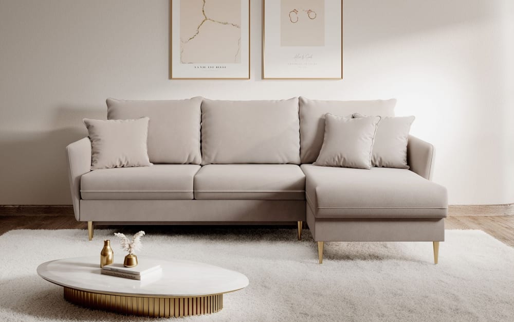 Ecksofa mit Schlaffunktion, goldenen Beinen, Samt Beige - Maisons