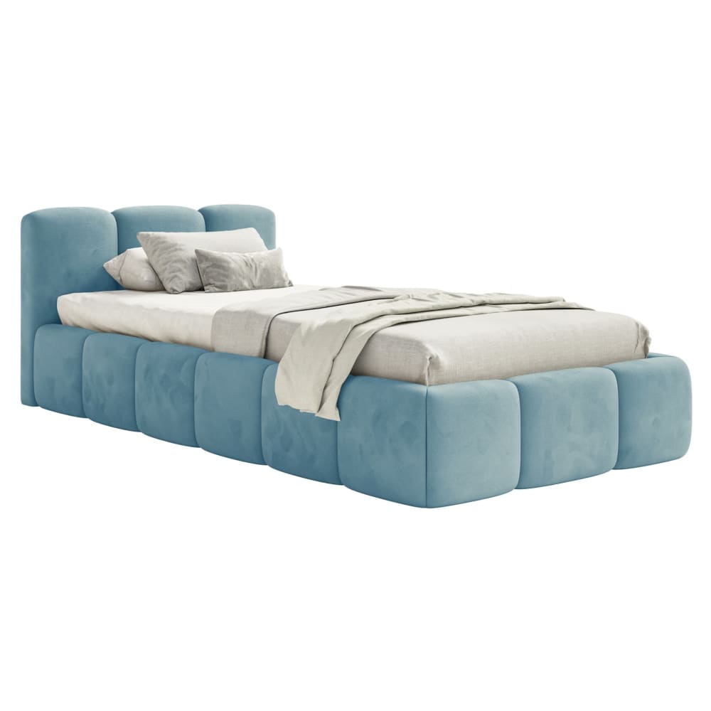 Lit rembourré 90x200, - velours bleu clair