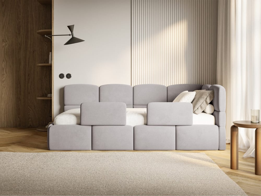 Kinderbett 90x200, mit Matratze, Rausfallschutz, rechts, Hellgrau