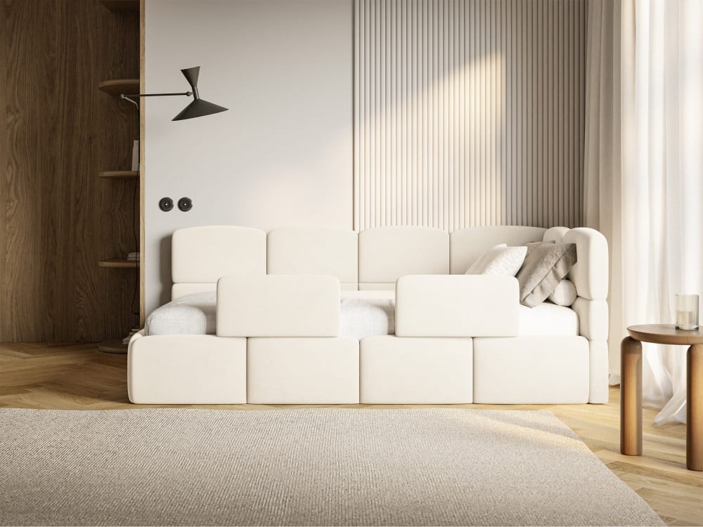 Kinderbett 90x200, mit Matratze, Rausfallschutz, rechts, Creme -