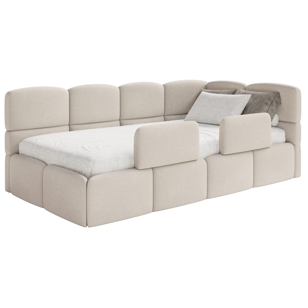 Lit enfant 120 cm, 2x barrières, chenille, droite, Crème