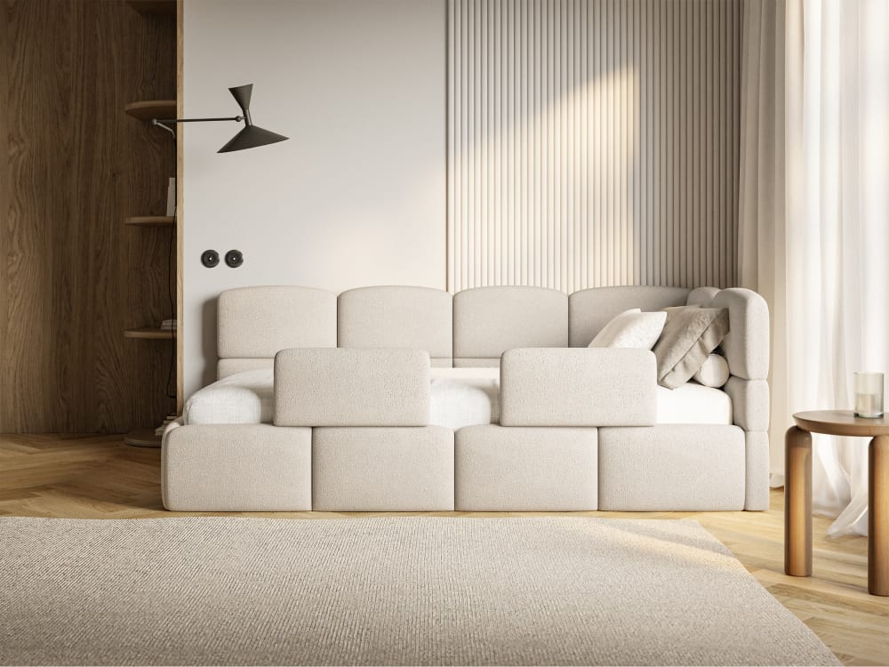 Kinderbett 120 cm, 2x Rausfallschutz, Chenille, rechts, Creme -