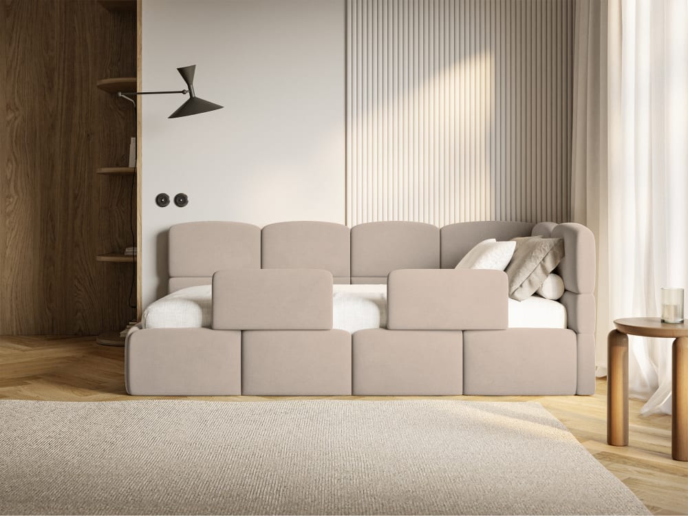 Kinderbett 90x200 mit Rausfallschutz, Kopfteil rechts, Samt Beige