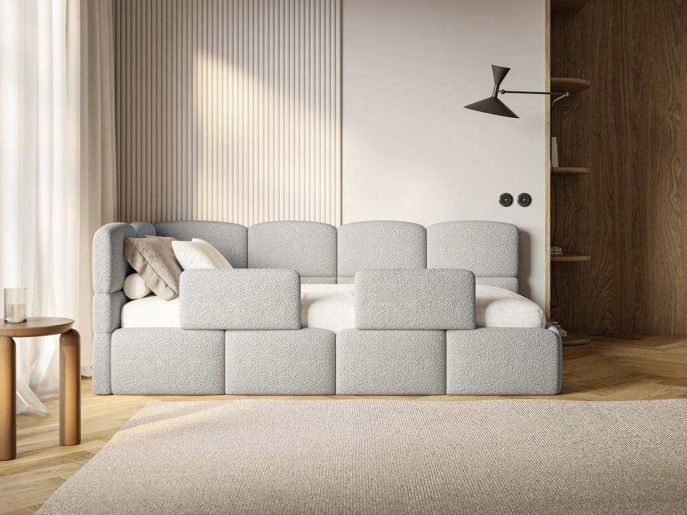 Kinderbett 120 cm, 2x Rausfallschutz, Bouclé, links, Hellgrau -