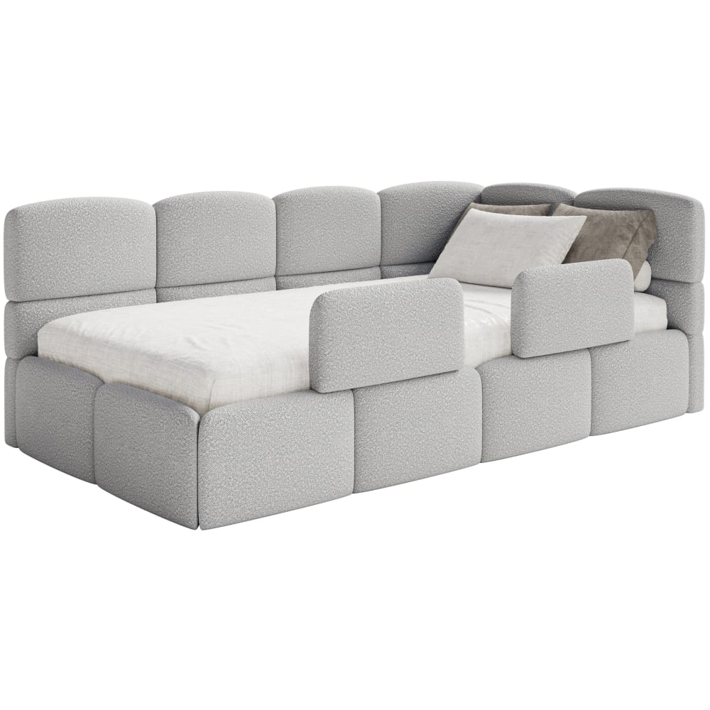 Selsey Kinderbett 120x200 Kopfteil rechts Matratze & Stauraum Bouclé Hellgrau style modern Stoff Baby