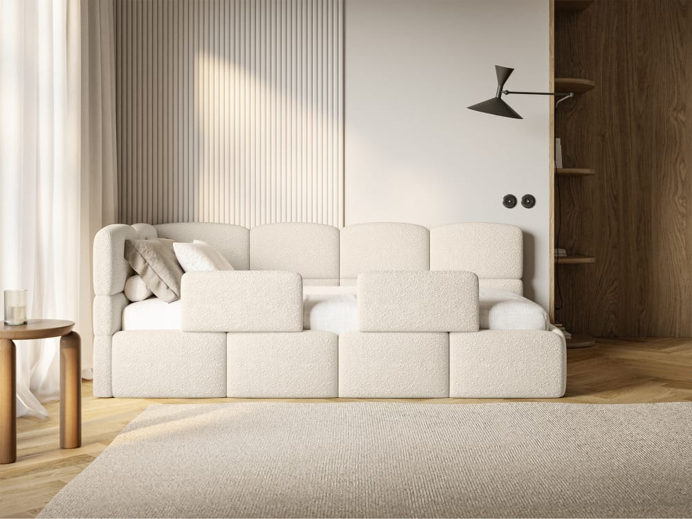 Kinderbett 120 cm, 2x Rausfallschutz, Bouclé, links, Hellbeige -