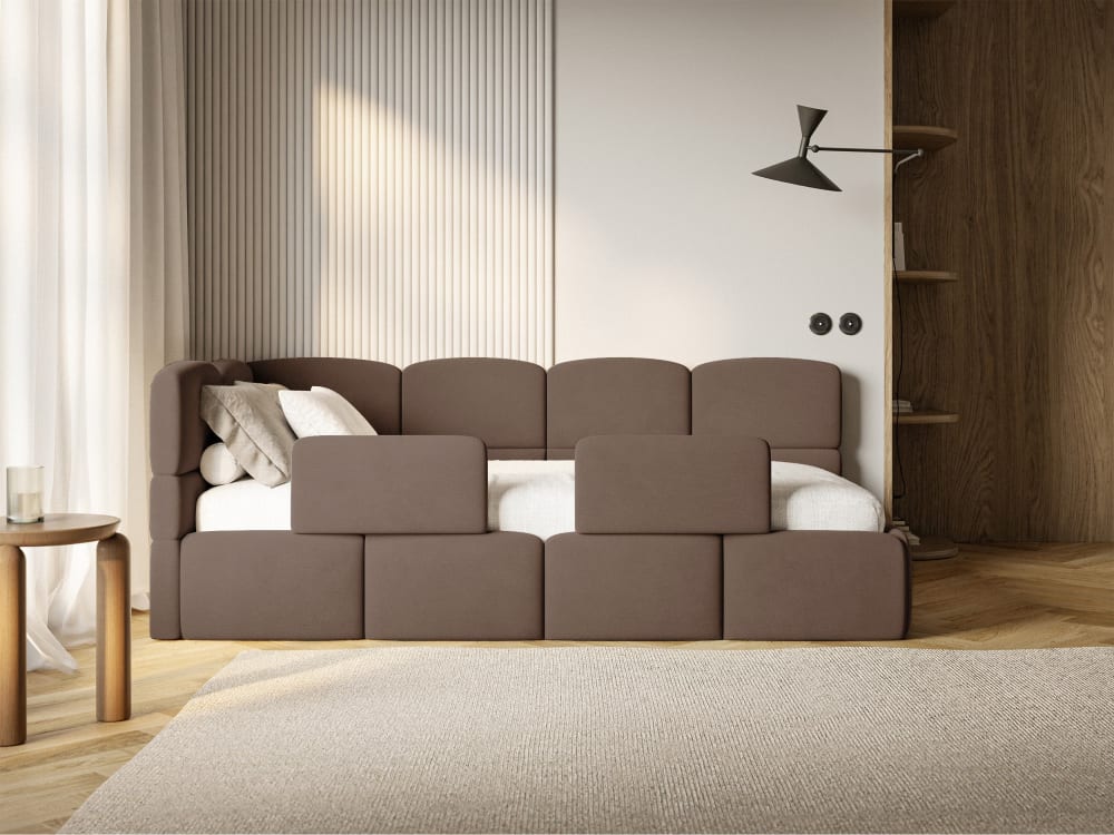 Kinderbett 120 cm, 2x Rausfallschutz, Velours, links, Braun -