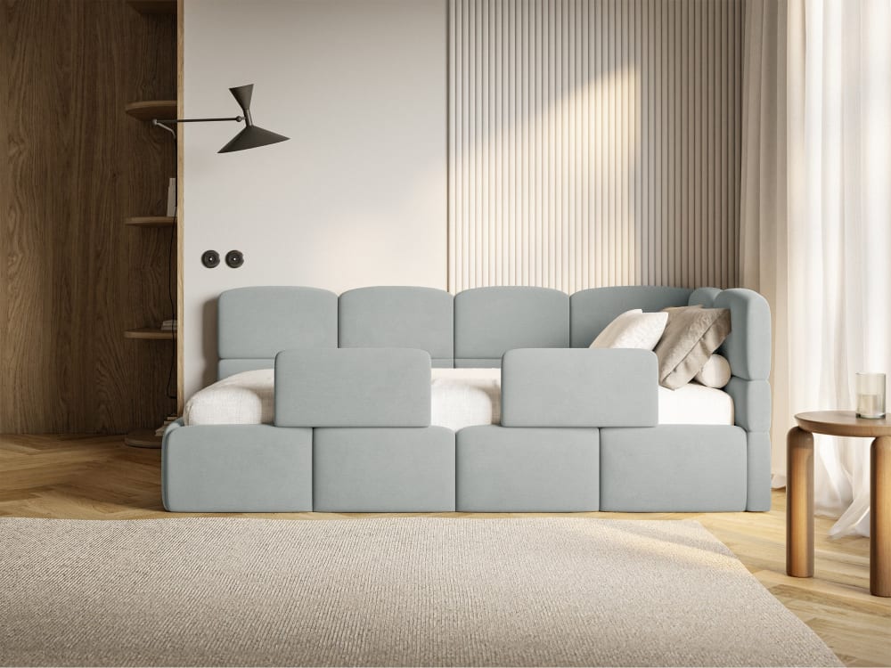 Kinderbett 120 cm, 2x Rausfallschutz, Velours, rechts, Grau -