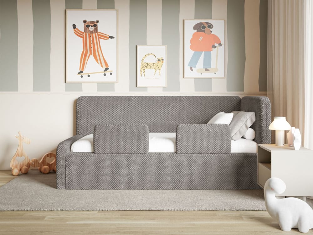 Kinderbett mit Kopfteil rechts, Matratze, Rausfallschutz, Taupe -