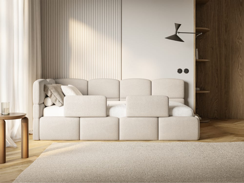 Kinderbett 120 cm, 2x Rausfallschutz, Chenille, links, Creme -