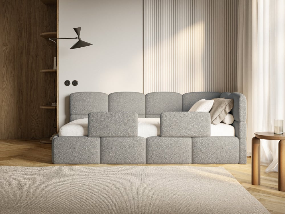 Kinderbett 120x200 Kopfteil rechts, Matratze & Stauraum, Bouclé