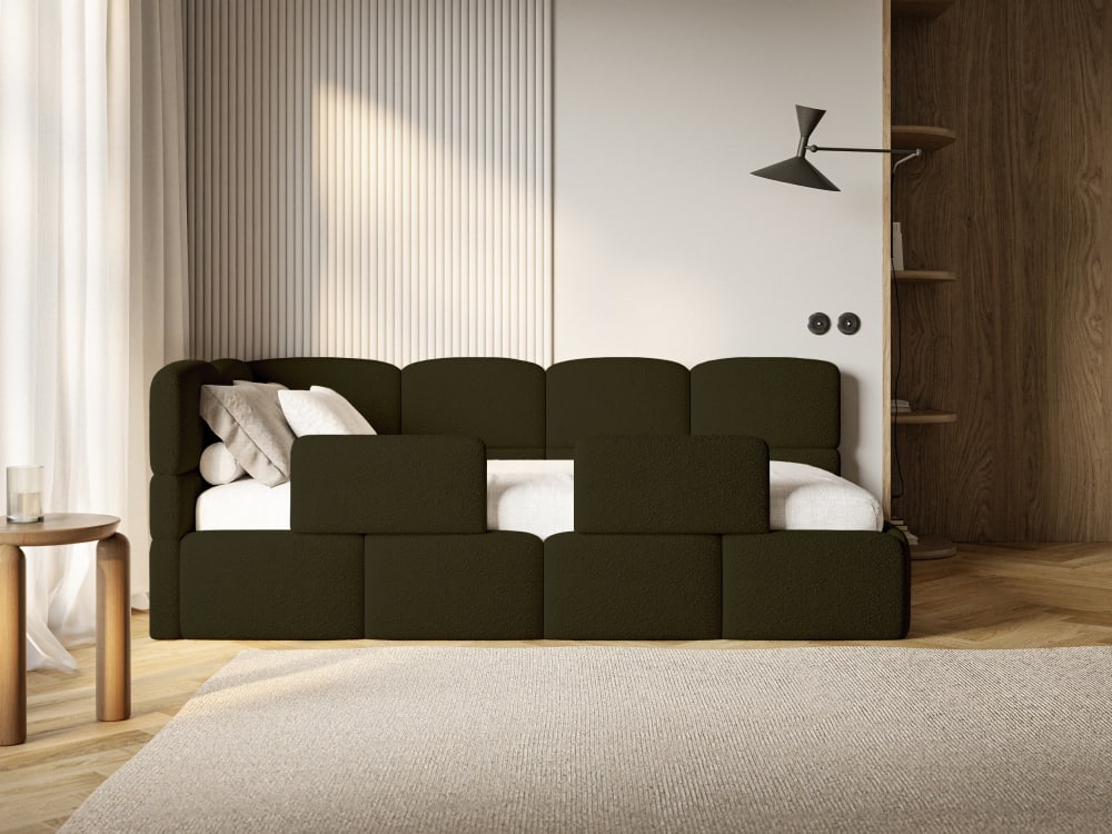 Kinderbett 120 cm, 2x Rausfallschutz, Bouclé, links, Olivgrün -