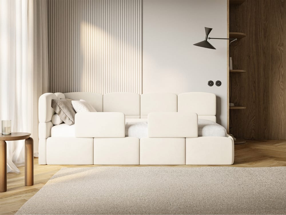 Kinderbett 120 cm, 2x Rausfallschutz, Velours, links, Creme -