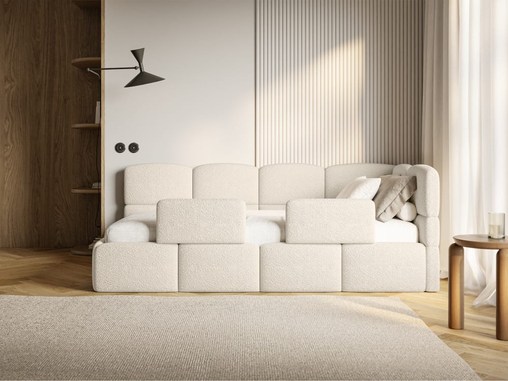 Kinderbett 120 cm, 2x Rausfallschutz, Bouclé, rechts, Hellbeige -