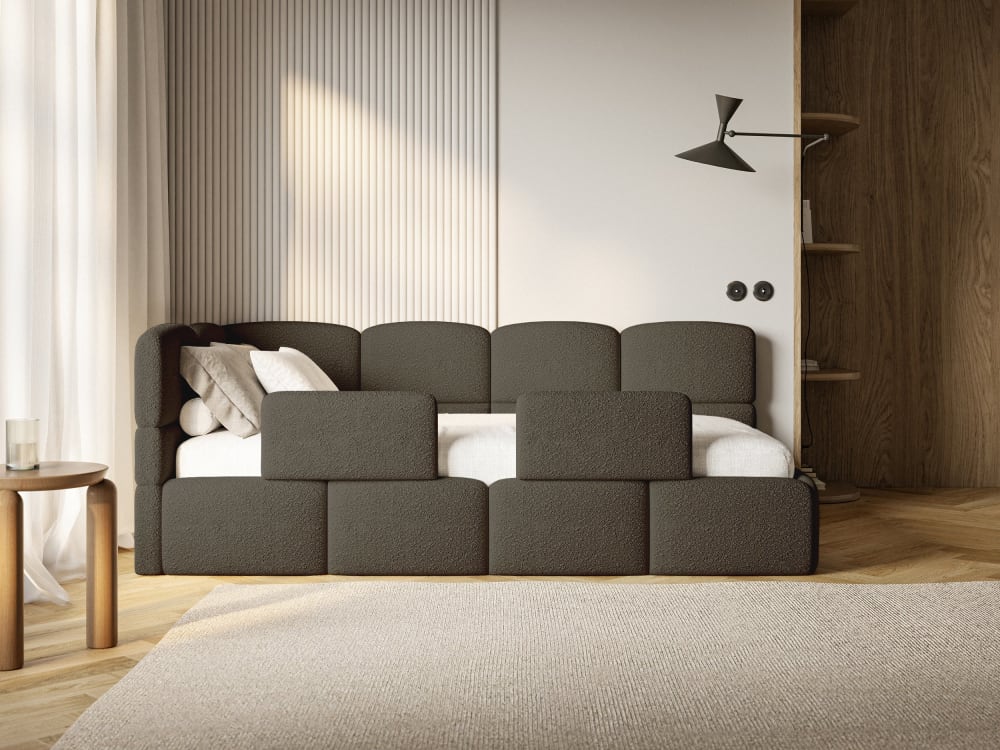 Kinderbett 120 cm, 2x Rausfallschutz, Bouclé, links, Braun -