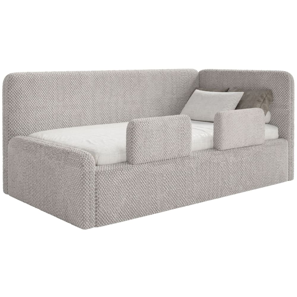 Lit enfant, tête droite, matelas, barrière, en peluche, grège