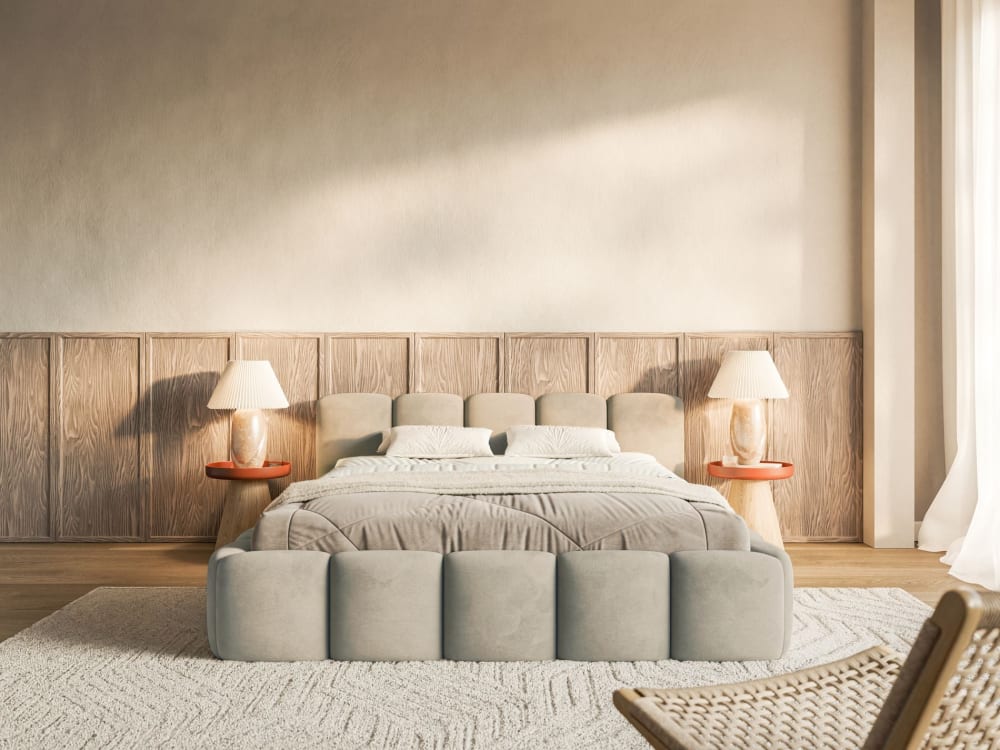 Lit rembourré 120x200 avec coffre, velours beige gris