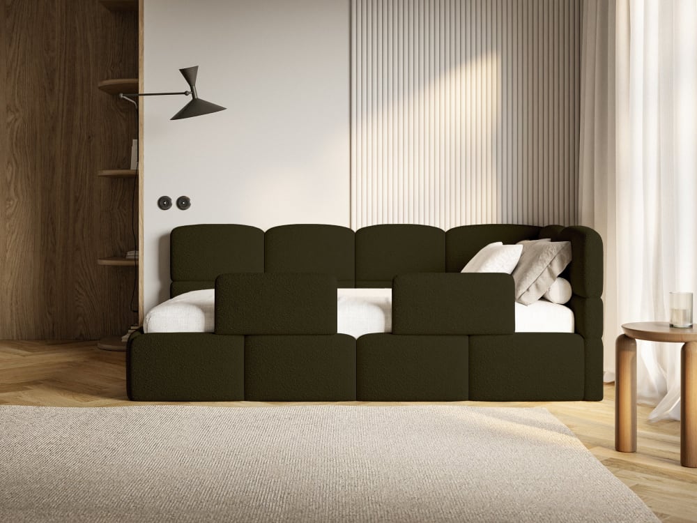 Kinderbett 120 cm, 2x Rausfallschutz, Bouclé, rechts, Olivgrün -
