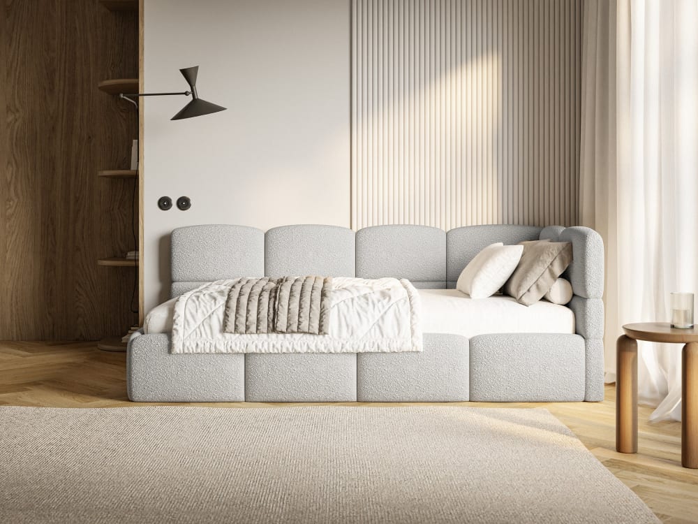 Lit ado 120x200, tête de lit à droite, matelas, bouclé gris clair