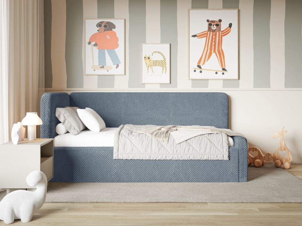Lit junior, tête de lit à gauche, coffre, en peluche, bleu