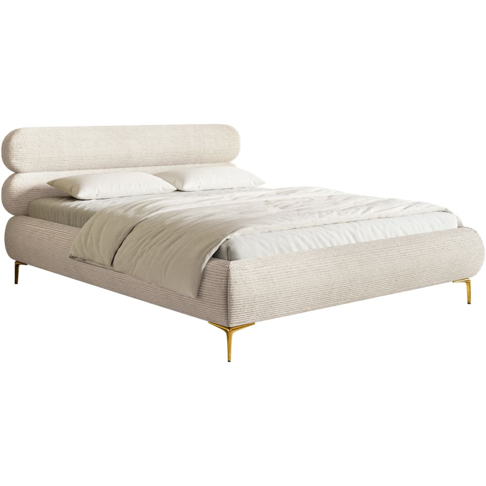 Selsey Polsterbett 160x200 mit Bettkasten, Cord, goldfarbene Füße, Hellbeige style modern - Stoff