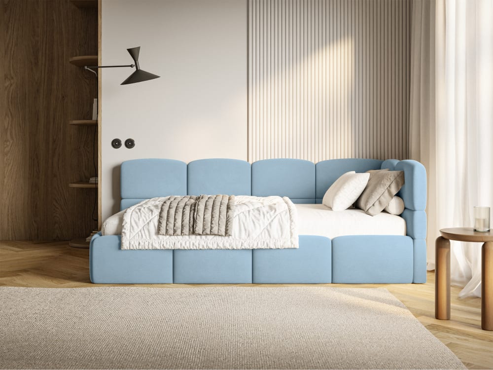 Lit ado 90x200 avec matelas, tête de lit à droite, velours bleu clair