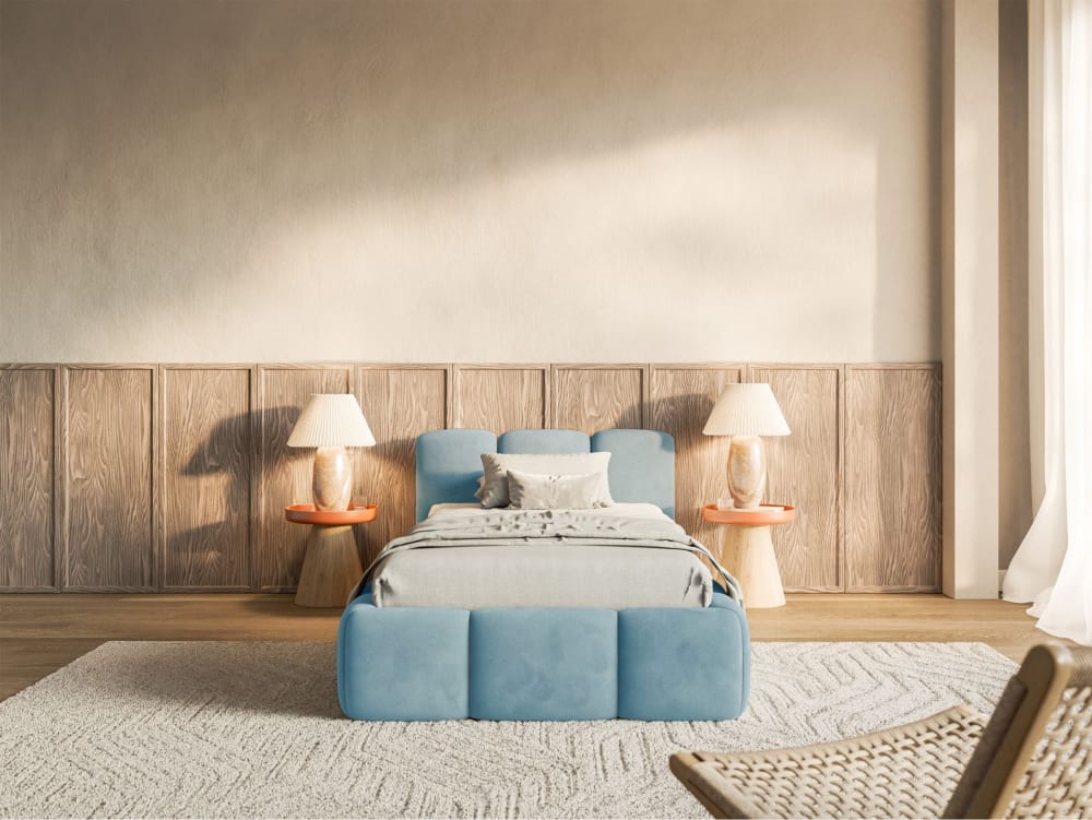Lit rembourré 90x200 avec coffre, velours bleu clair